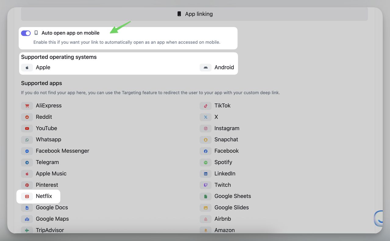 App linking panel with Auto open app on mobile enabled for iOS and Android