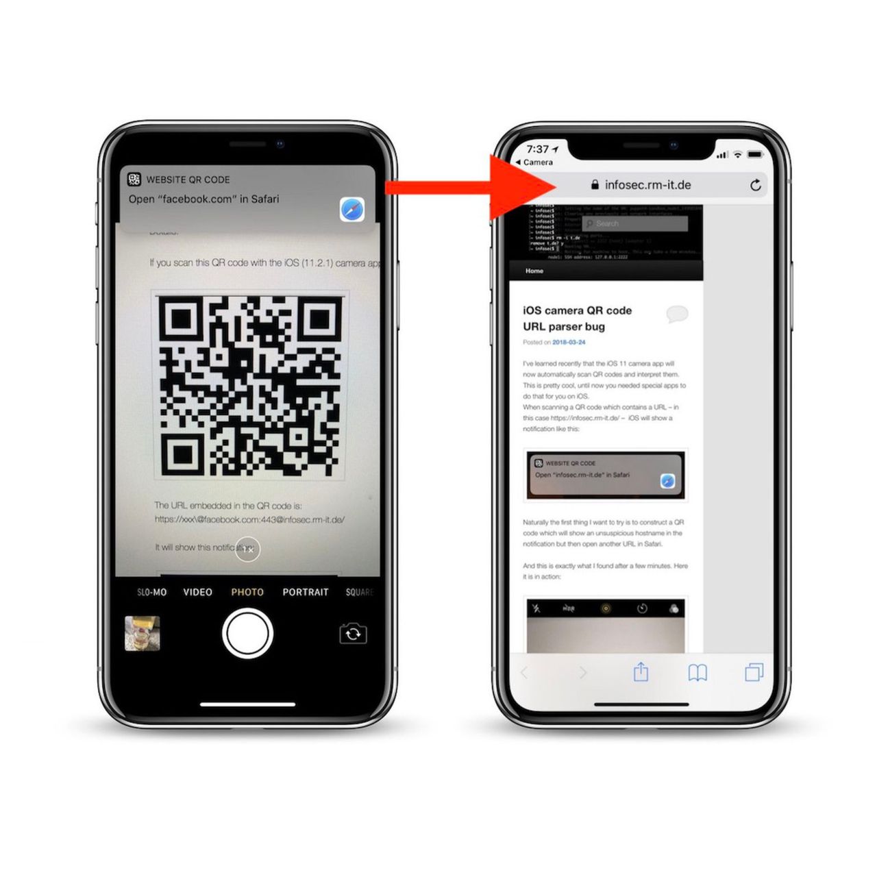 Two iPhones showing the QR code notification tapped and opening the destination link