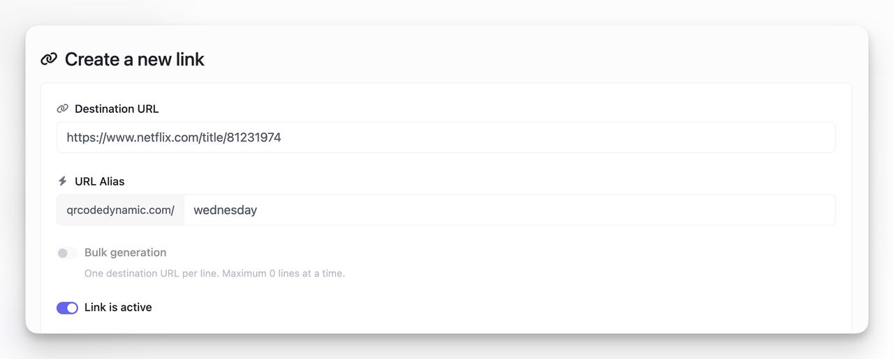New short link form in QR Code Dynamic with a Netflix destination URL filled in