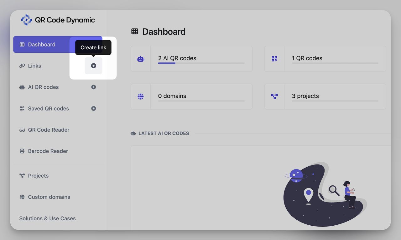 QR Code Dynamic dashboard with the Create new link button visible