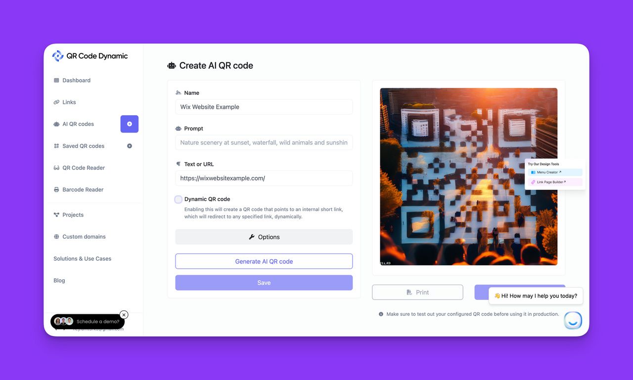 Image showing a url being pasted to the QR Code Dynamic's "Create AI QR Code" page
