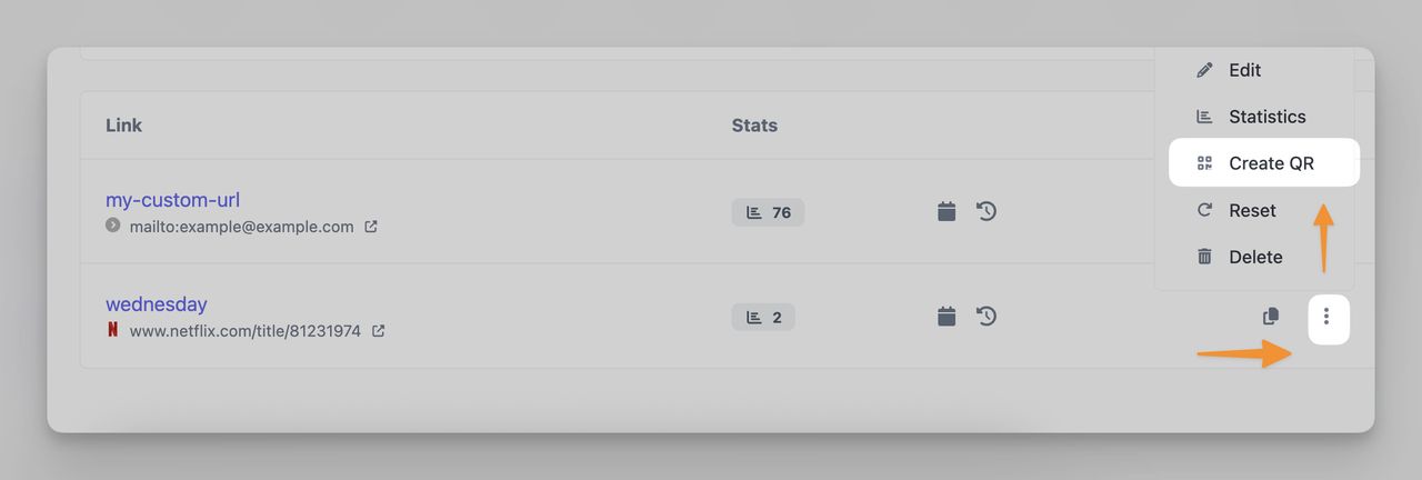 Three-dot menu open on a Netflix link with the Create QR option highlighted