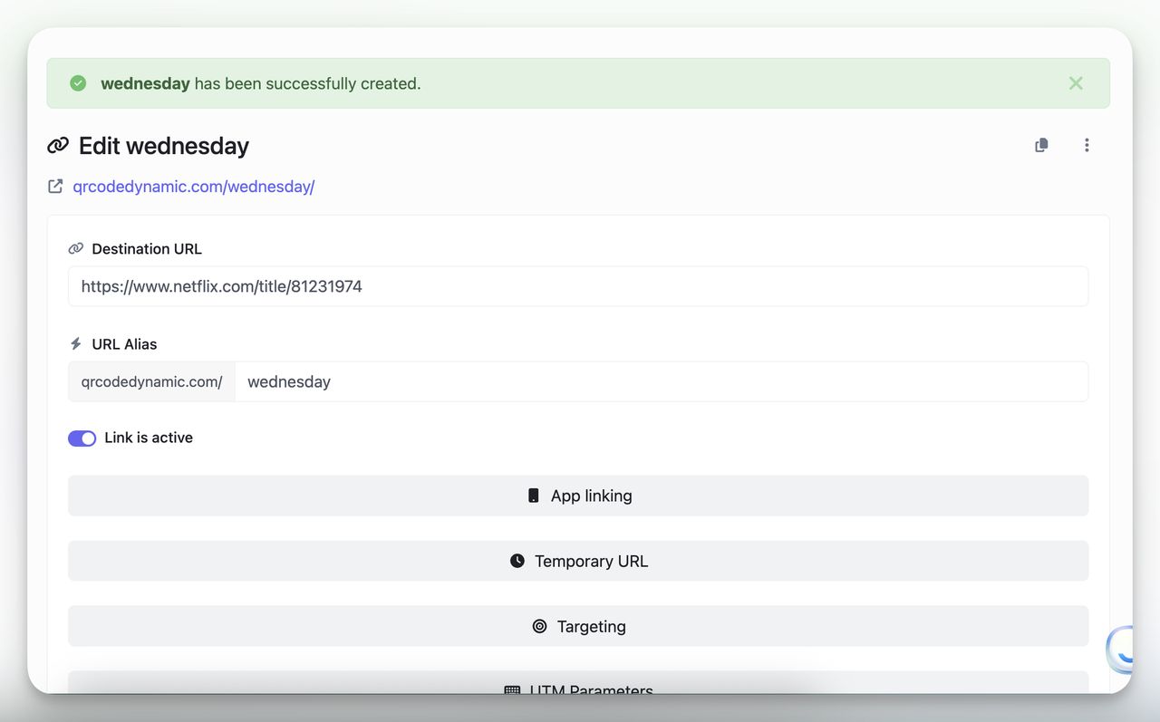 Confirmation screen for a Netflix link successfully created in QR Code Dynamic