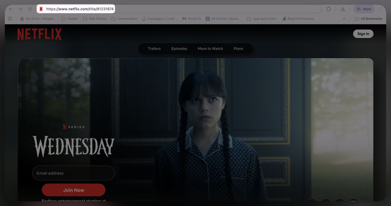Netflix show page for Wednesday with the title ID URL highlighted