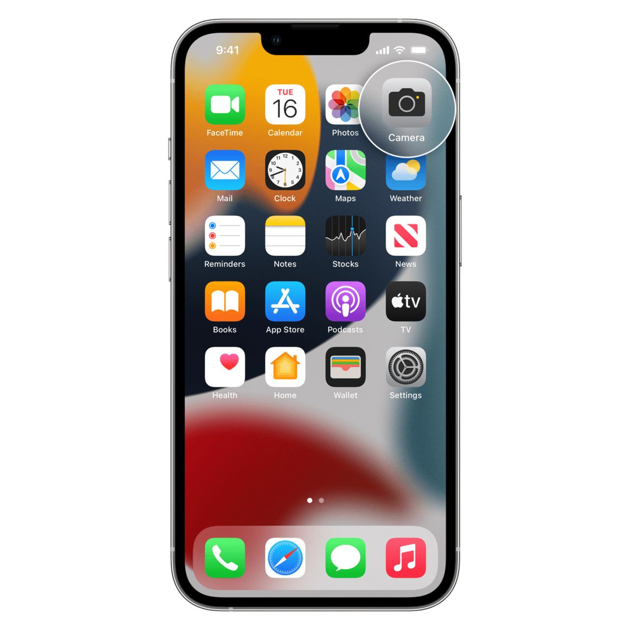 iPhone Home Screen with the Camera app icon highlighted for QR scanning