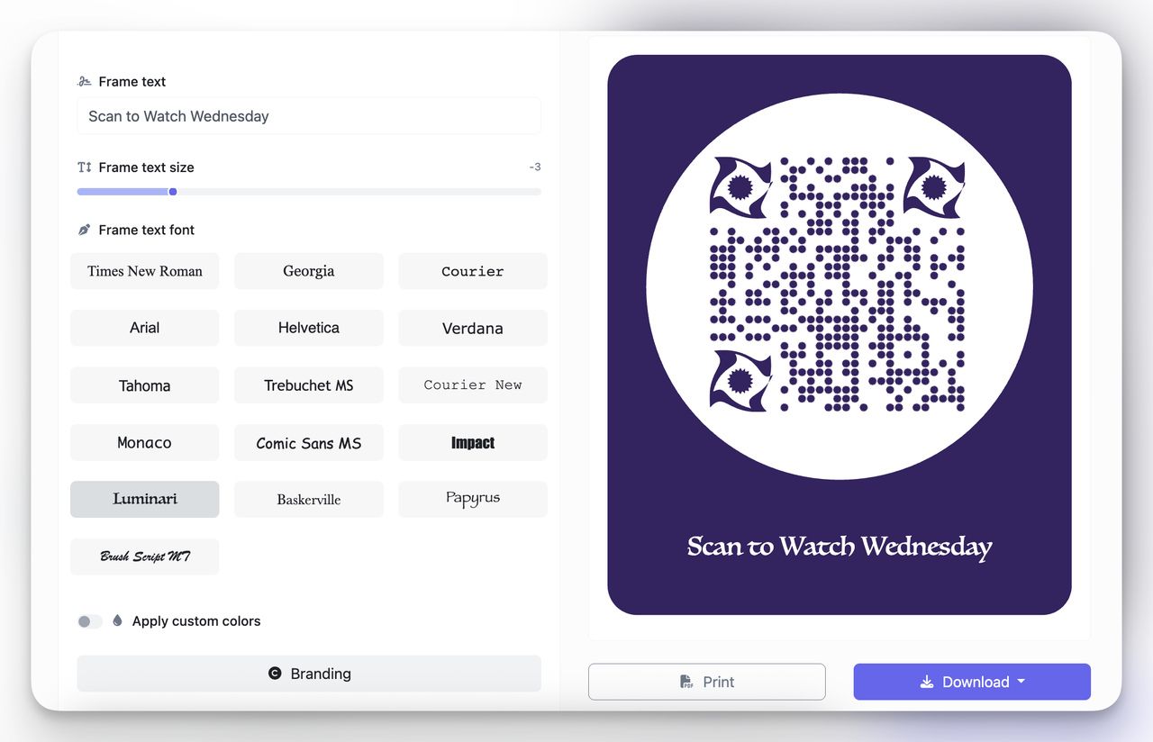 QR design panel with branded colors and frame text for the Wednesday Netflix campaign