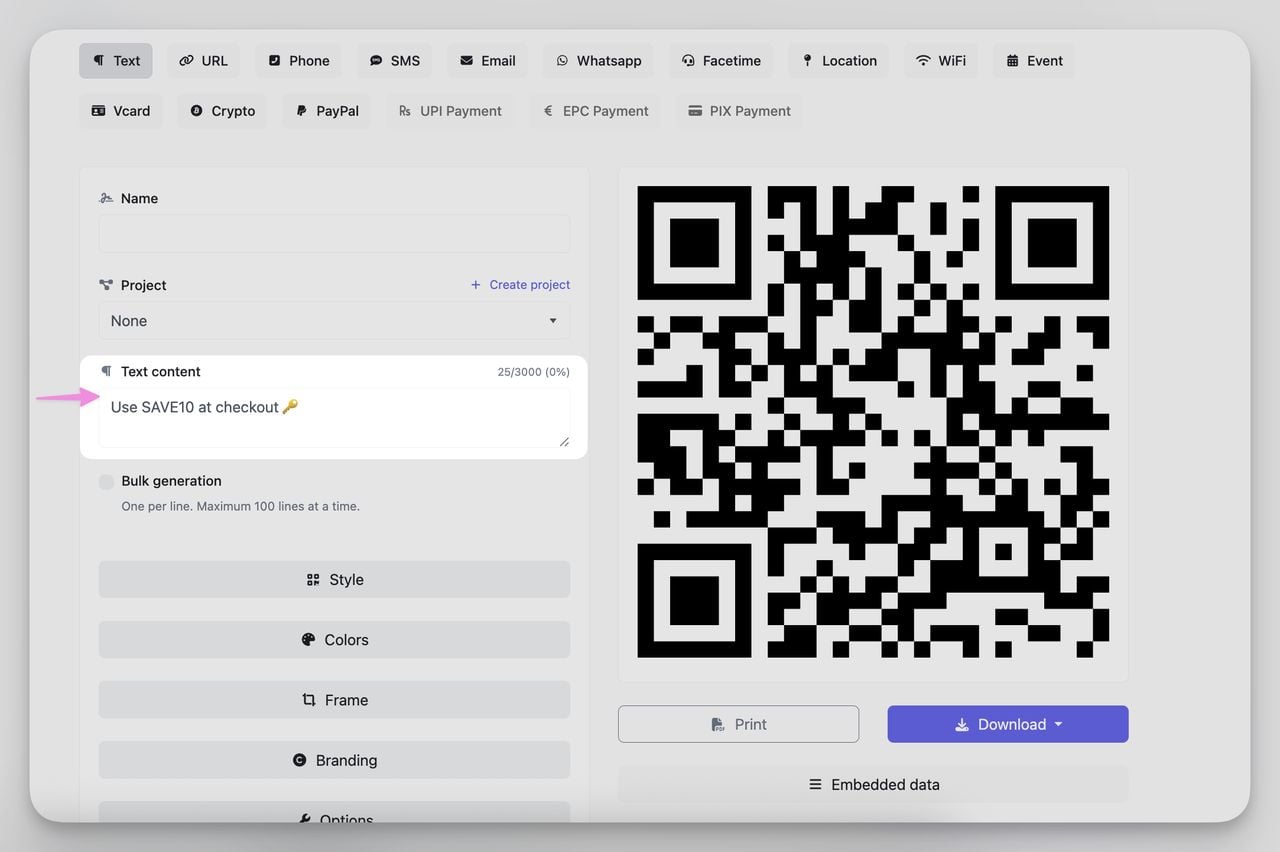 typing our message into qr code dynamic dashboard to create text qr code