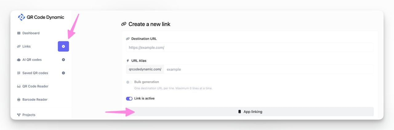 The Create a new link form in QR Code Dynamic, with the Links button and the App linking option highlighted