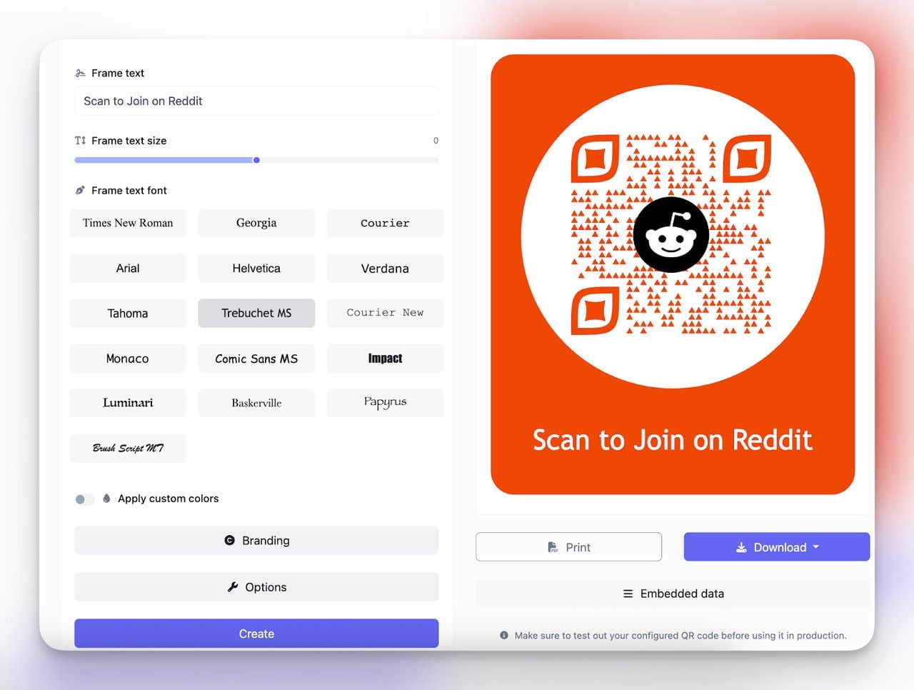 Customizing a reddit qr design with fonts, colors, and frame text to create a QR code that opens Reddit.