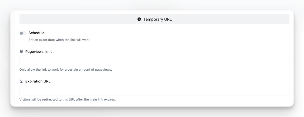 Temporary URL settings for a reddit qr with scheduling, pageview limits, and expiration redirects.