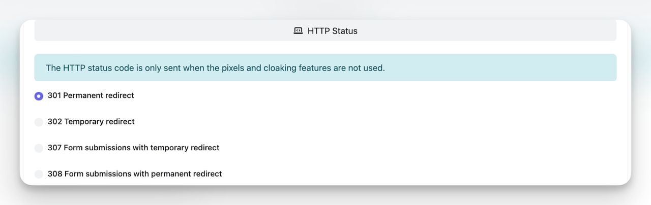 HTTP status options for reddit qr links including 301 permanent redirect and 302 temporary redirect.
