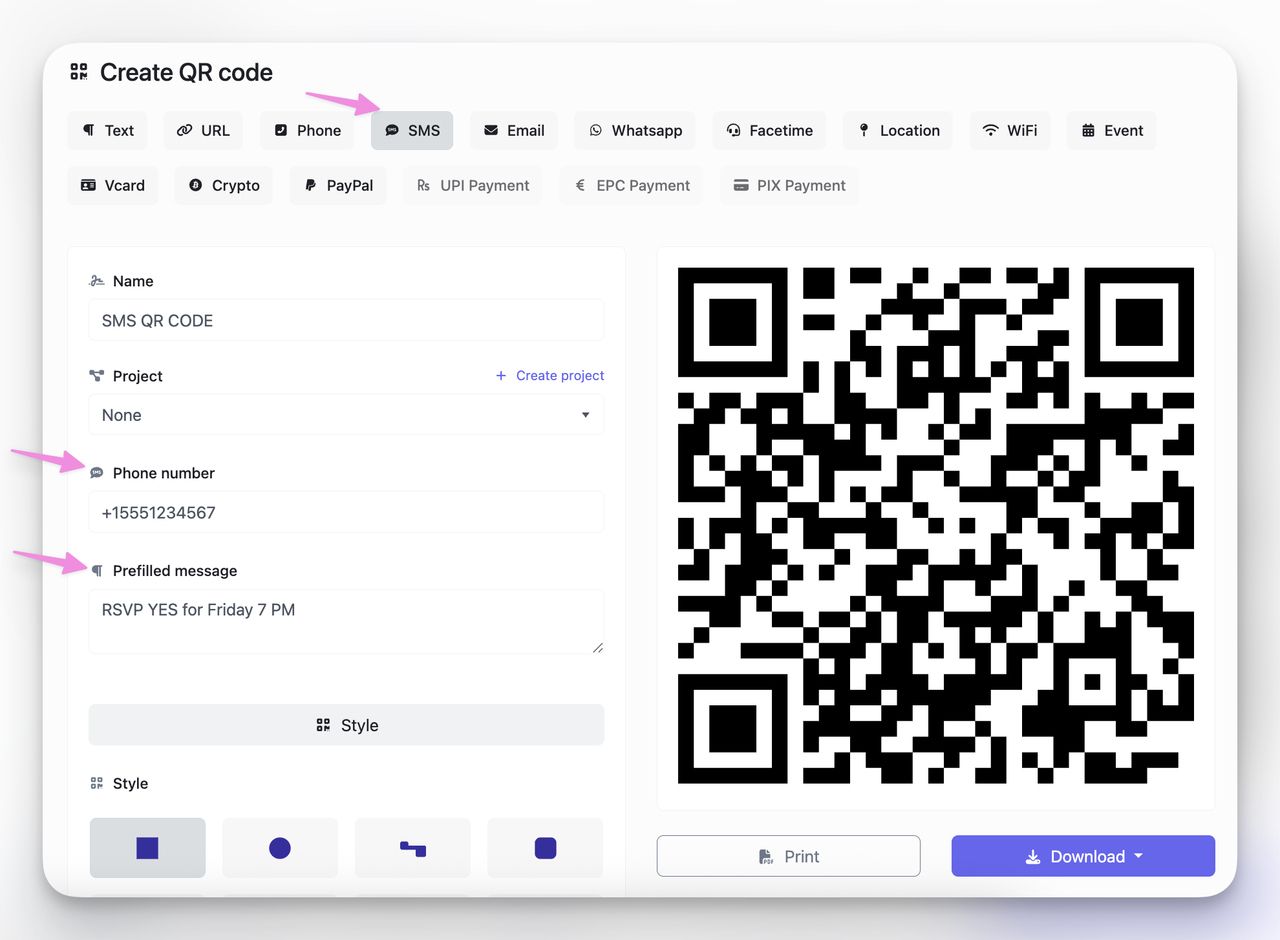 Example of SMS QR code creation process for quick text messaging