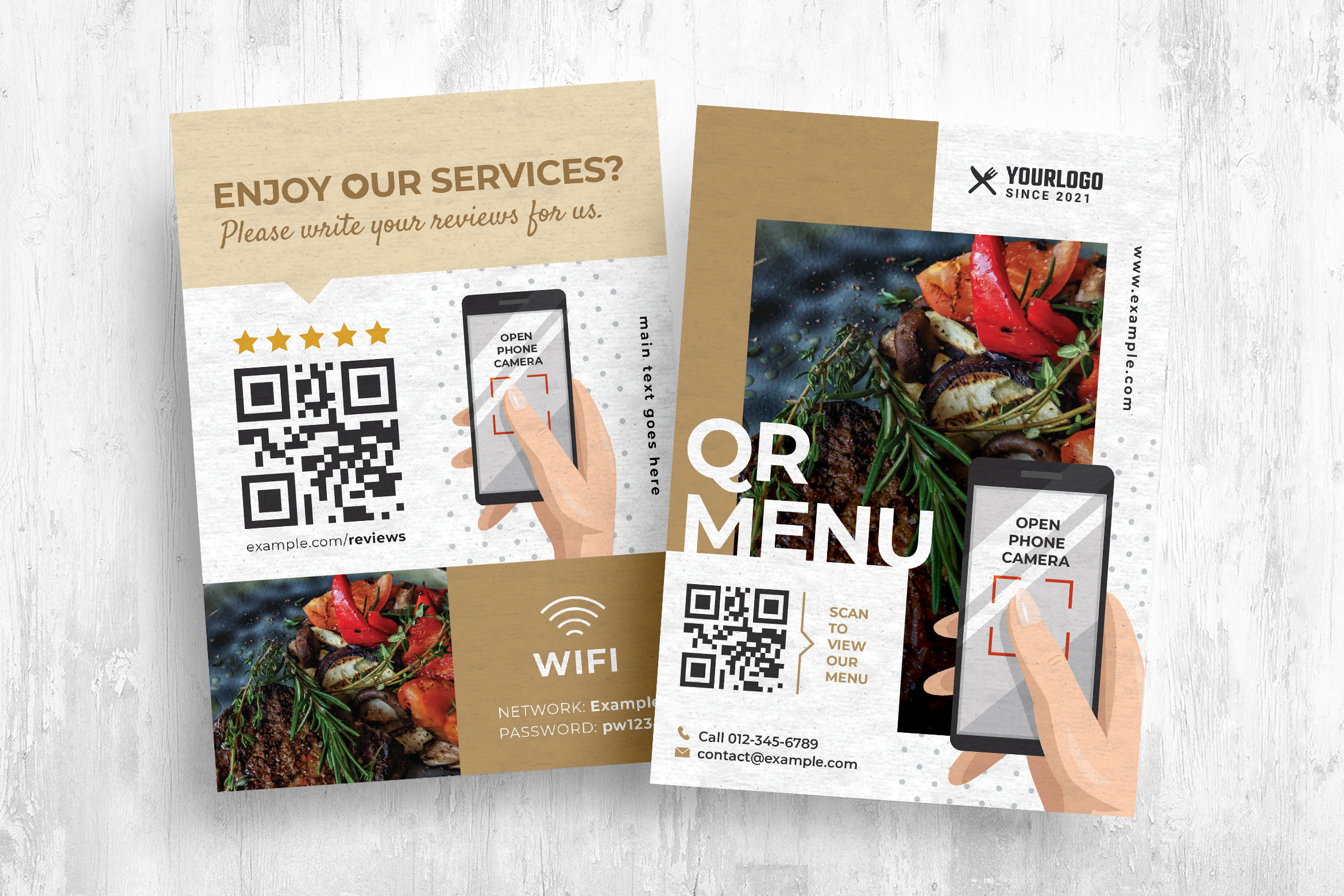 an example of menu and review QR codes on flyers