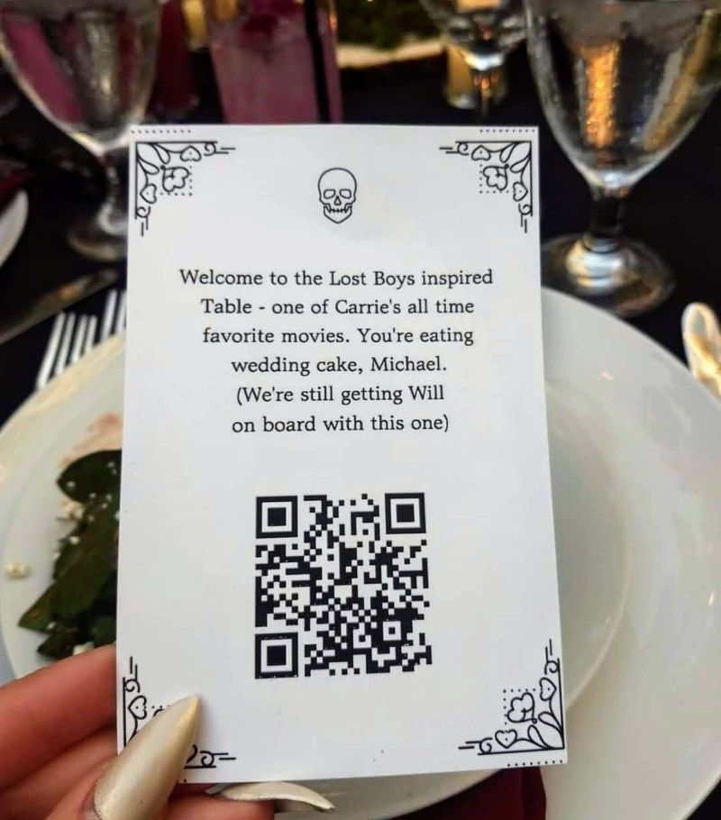 an example of a black and white cart with a QR code on a wedding table 