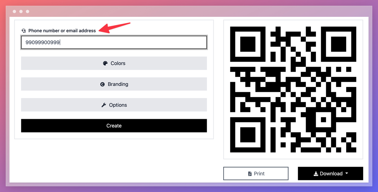 FaceTime QR code generator interface on QRCodeDynamic showing phone number input field