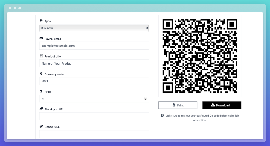 PayPal QR code generator showing payment type selection: Buy Now, Add to Cart, or Donation