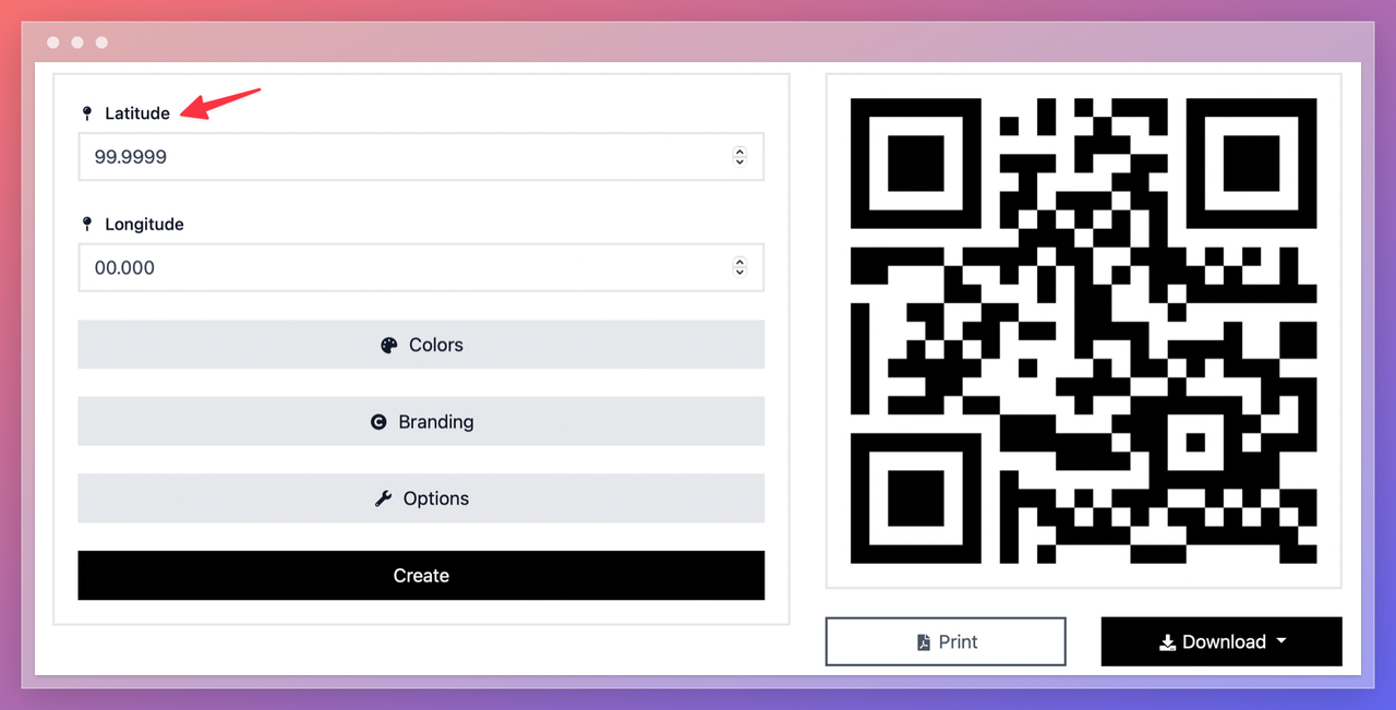 Location QR code generator interface showing latitude and longitude input fields with a live QR preview