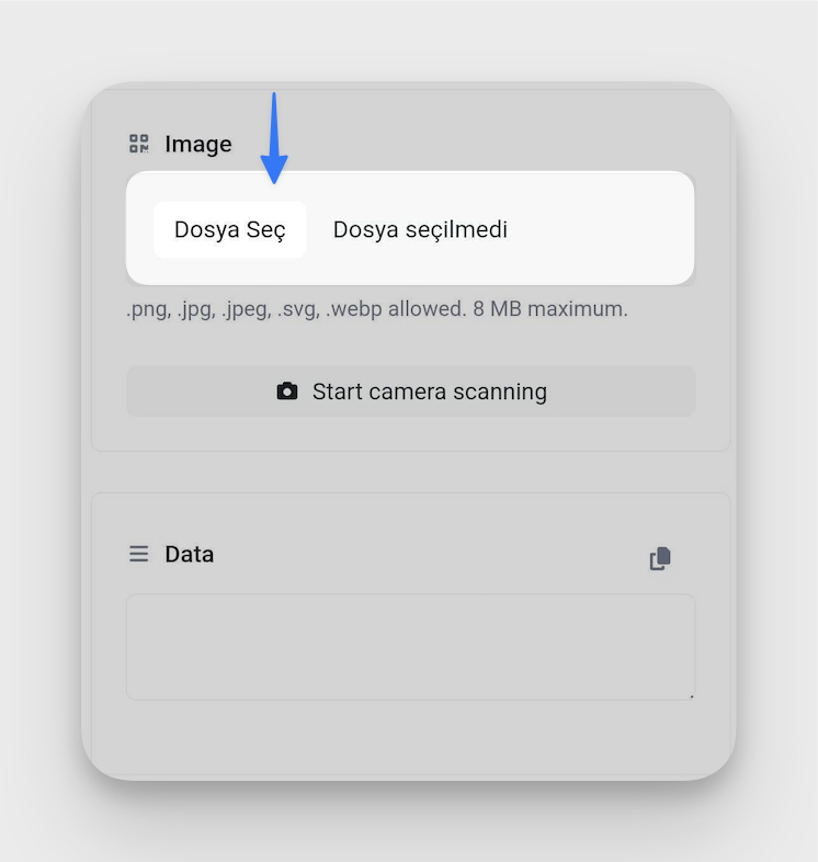 Mobile QR code reader showing the upload option for scanning QR codes from photo library