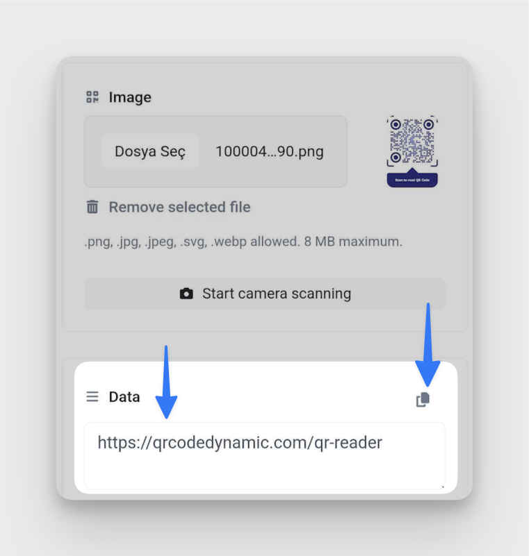 Mobile QR code reader displaying decoded QR code data with copy option