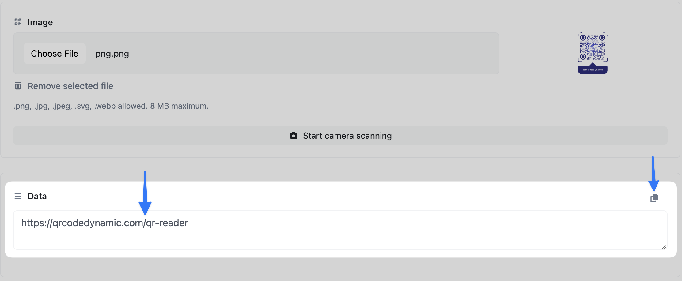 QR code reader showing decoded data with a copy-to-clipboard button