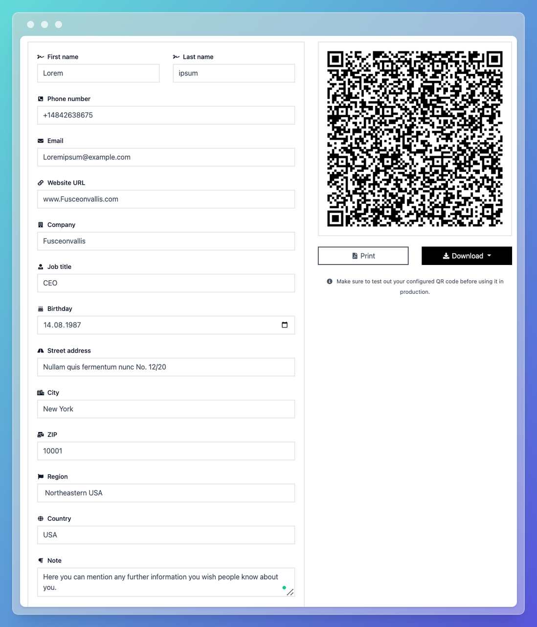 vCard QR code generator showing contact info input fields for name, phone, email, job title, and company