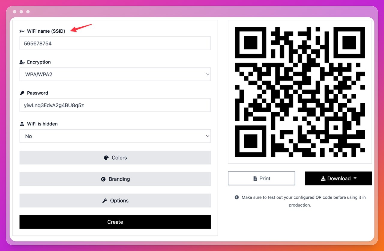 WiFi QR code generator showing input fields for SSID, password, and encryption type