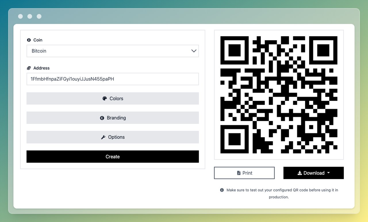 Crypto QR code generator showing coin selection dropdown for Bitcoin, Ethereum, and Elrond
