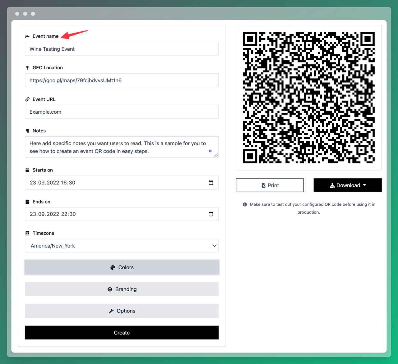 Event QR code generator showing input fields for event name, date, time, location, and reminders