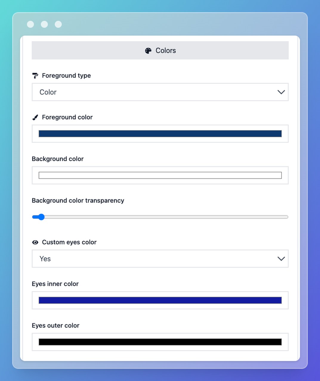 vCard QR code design customization with colors, logo, and CTA frame