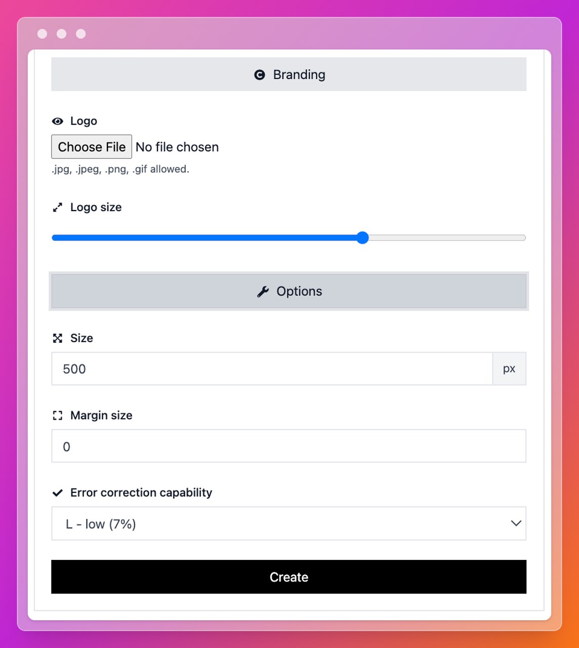 WiFi QR code option settings showing size and margin adjustments for reliable scanning