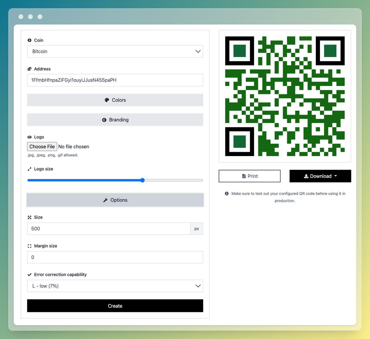 Crypto QR code design customization with colors, logo, and CTA frame options