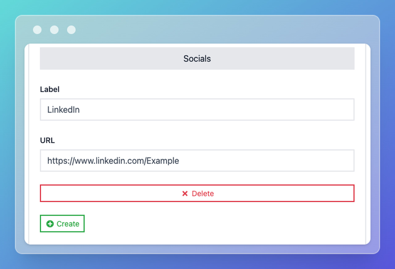 vCard QR code generator showing notes and social media profile fields