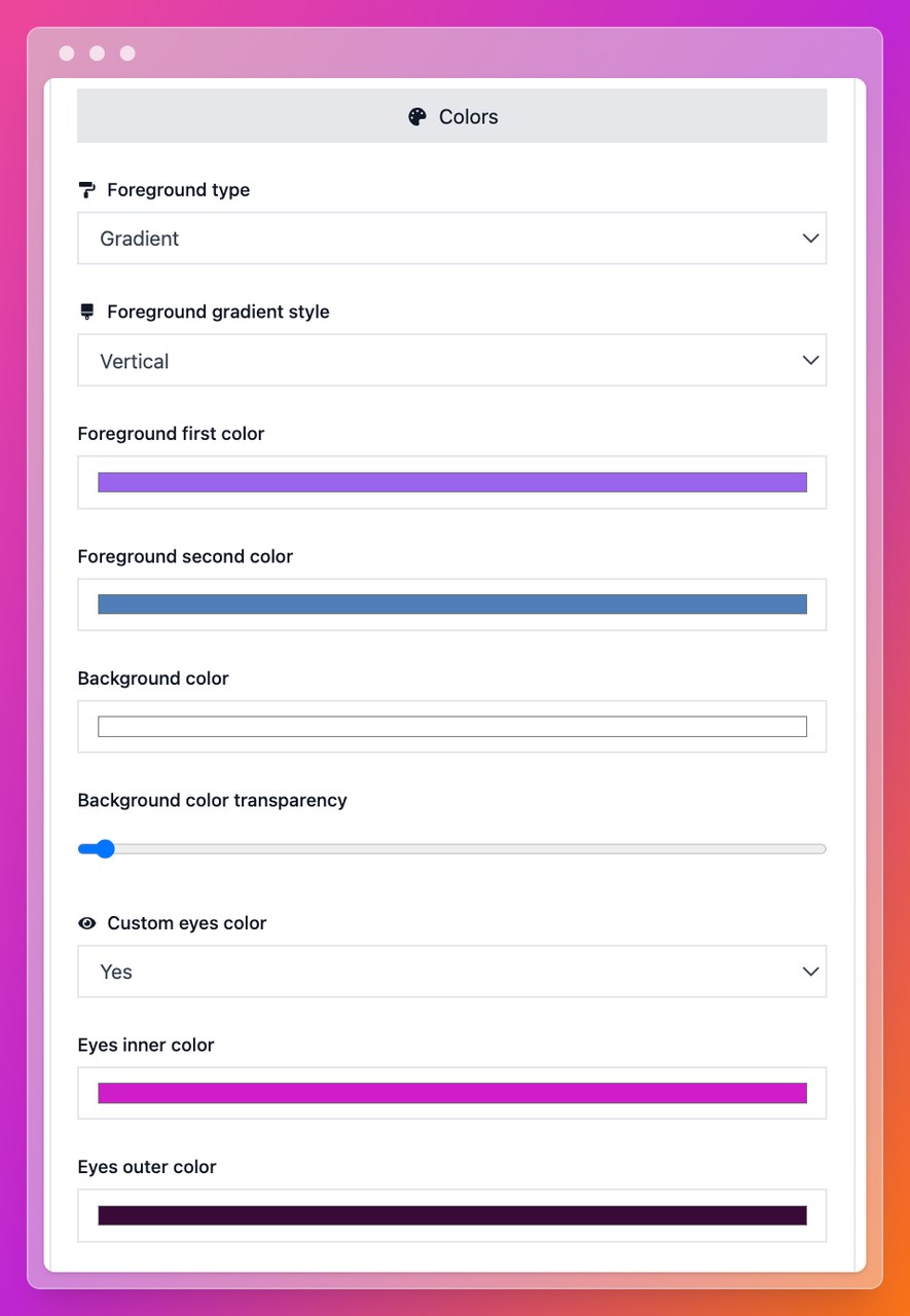 WiFi QR code customization interface showing color, branding, and size options