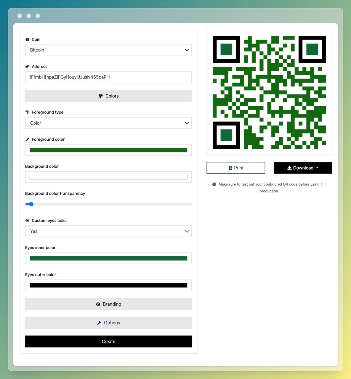 Crypto QR code generator showing wallet address input field with example Bitcoin and Ethereum addresses
